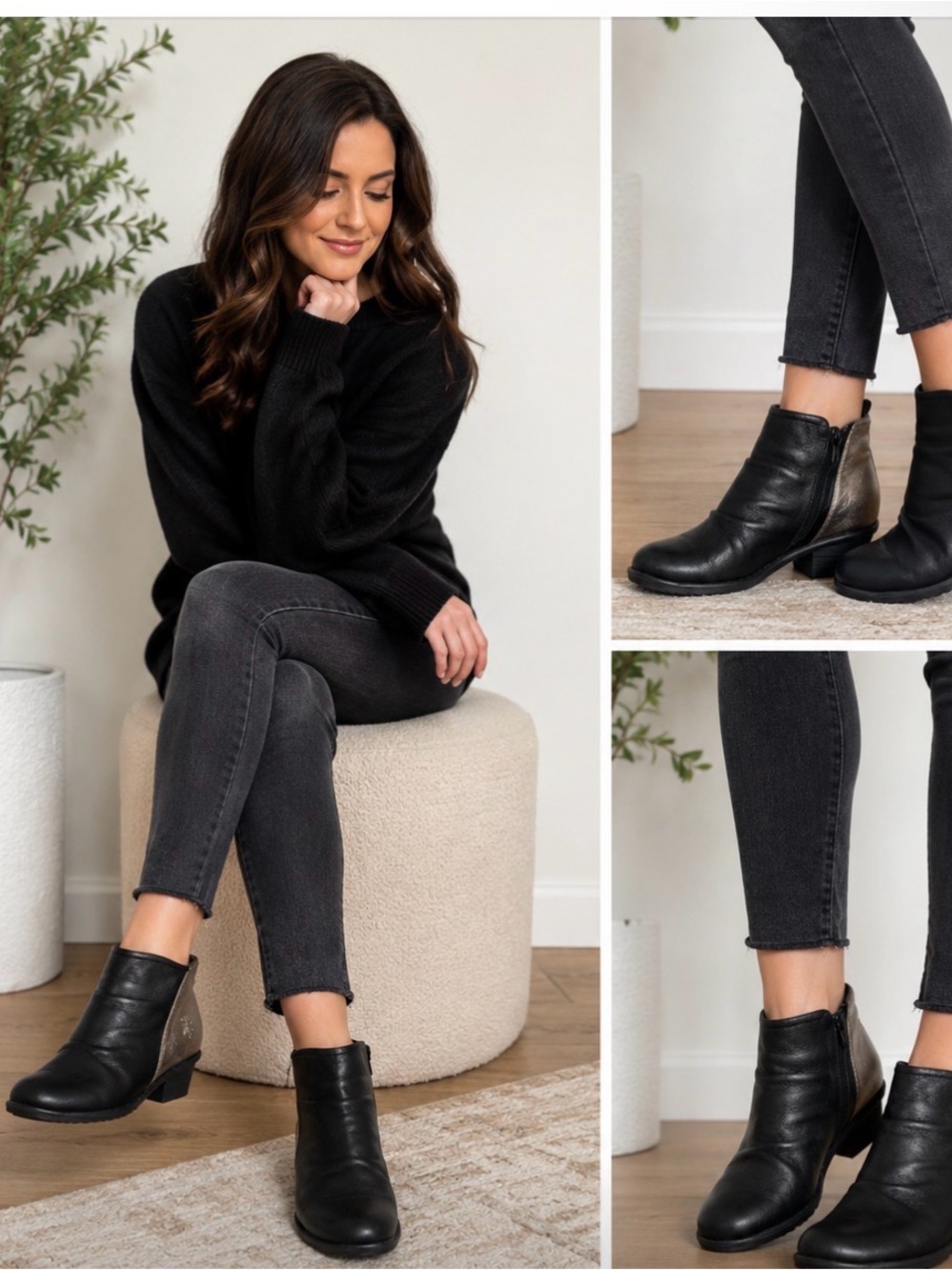 * Fly London Black & Metallic Leather Ankle Boots 37 Side Zip Block Heel Booties